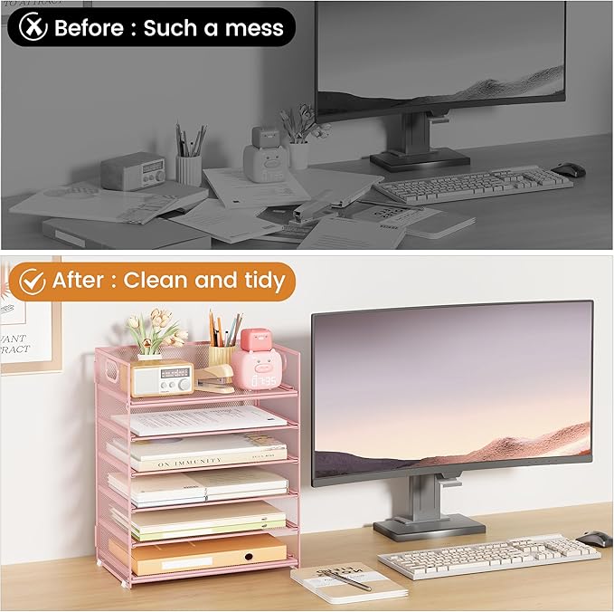 Subekyu 6 Tier Office File Paper Desk Tray Organizer with Handle, Stackable Slide Mesh Letter Tray Folder Pink Desk Organizer, Desktop Document Sorter for Classroom, Office, Home Supplies Storage