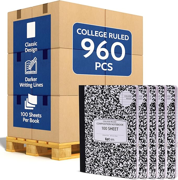 EPI 960 Pack (Pallet) College Ruled Composition Notebook Bulk, 200 pages (100 Sheets), 9-3/4 x 7-1/2, Black Marble, Bulk School Supplies, Heavy Duty, Durable Office Notebooks, Sturdy Sewn Binding