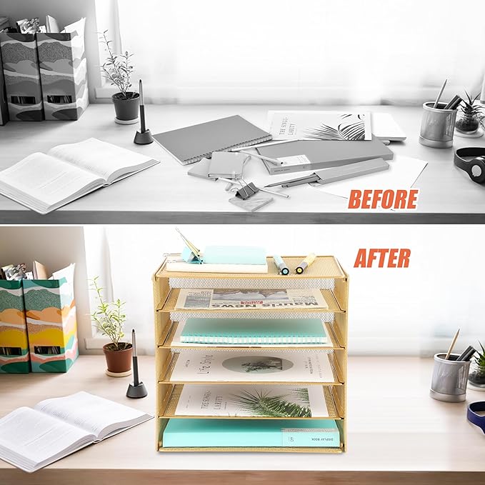 EASEPRES 5 Slot Mesh Desk Organizer Tray, File Paper Letter Folder Holder Desktop Paper Sorter Mail Organization Rack Storage Accessories, for Office Home School Classroom, Gold