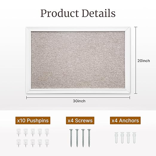 VUSIGN Linen Bulletin Board, 30'' x 20'' Large White Cork Board Decorations, Wall Mounted White Framed Cork Boards, Fabric Pin Boards for Walls with 10 Pushpins for Home, School, Office