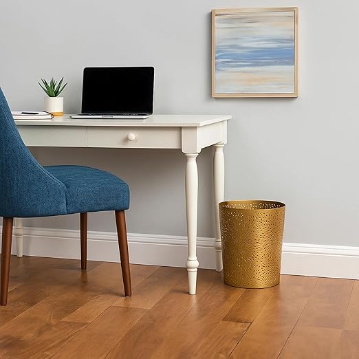 TUP THE URBAN PORT 10" Decorative Iron Wastebasket Trash Can | Matte Gold | Leaf Etched Design