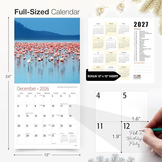 RED EMBER Safari 2026 Wall Calendar 12 Month | 12" x 24" Open | Thick & Sturdy Paper | Holiday Gift | Animal Calendar 2026