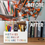 XPH Boho Inspirational Pen Pencil Holder Organizer for Desk, Positive Inspirational Gifts, Mistakes are Proof You are Trying Motivational Wooden Box Sign for Classroom Desk Tabletop Decorations