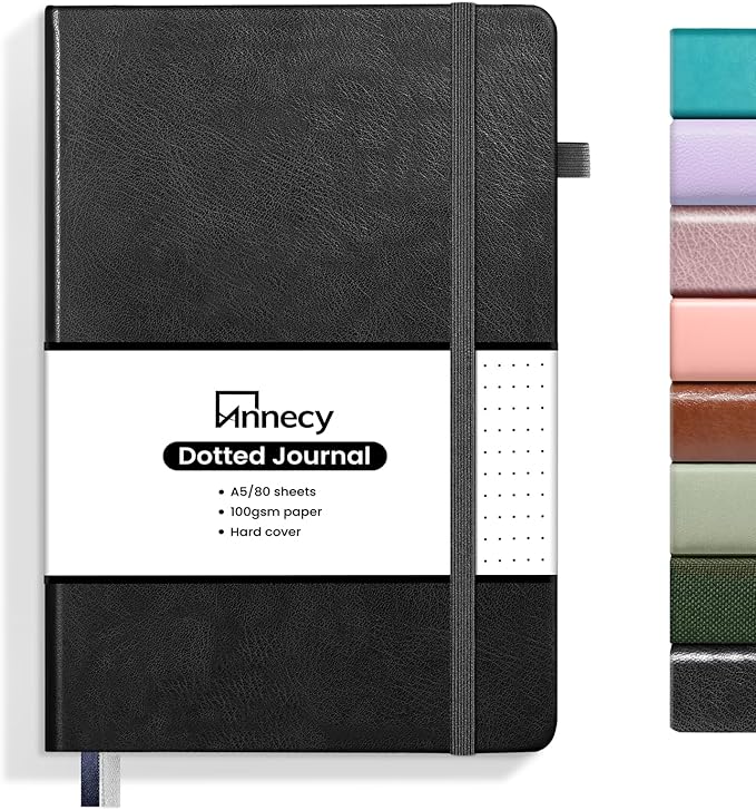 Annecy Numbered Bullet Dotted Journal Notebook, Medium 5.5x 8.25, 160 Pages 100GSM Writing Paper, A5 Black Faux Leather Cover with Pen Loop