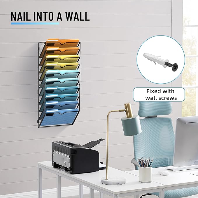 SUPEASY 10-Tier Wall File Holder Organizer with Hooks, Mesh Hanging File Organizer, Mail Organizer Wall Mounted for Papers, Folders, Office Magazine Rack, Black, 2Pack