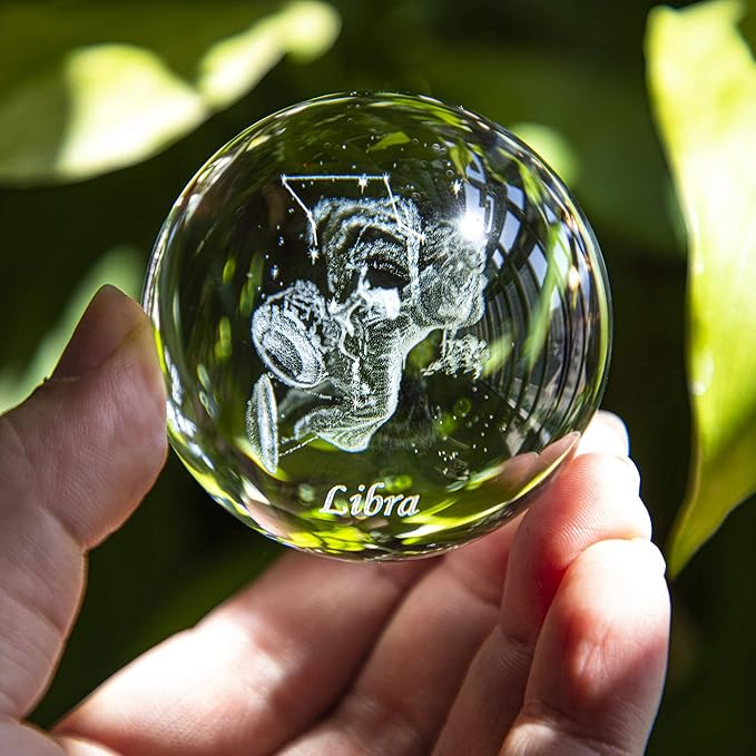 3D Laser Constellation Crystal Ball Crystal Paperweight Full Sphere Glass Fengshui with Sliver-Plated Flowering Stand(Libra)