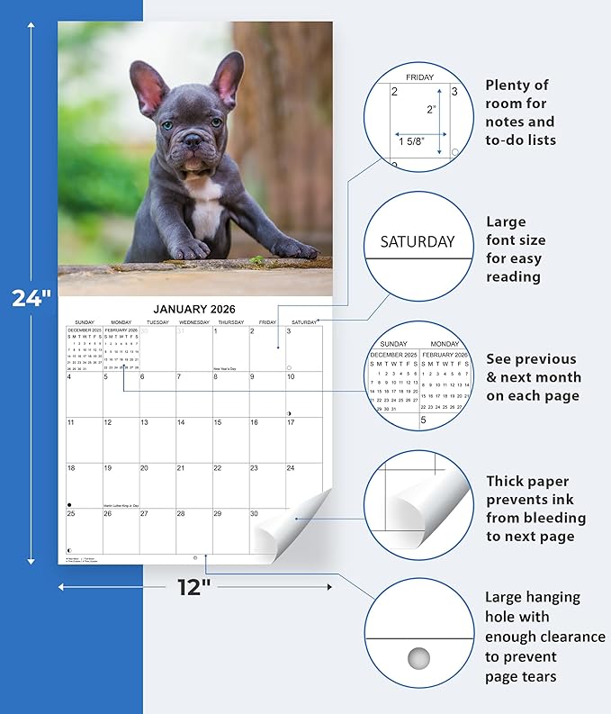 2026 French Bulldogs Monthly Wall Calendar | Cute Dog Calendar 2025-2026