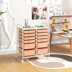 Happygrill 12-Drawer Rolling Storage Cart, Multipurpose Storage Cart W/Lockable Wheels, 2 Sizes Plastic Drawers & Metal Shelf, Mobile Utility Cart for Home Office School (Peach Fuzz)