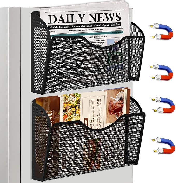 KZWKRG 2PCS Magnetic File Holder - No Drilling Magazine Paper Document Holder, Magnetic File Paper Mail Organizer, Magnetic Hanging File Organizer for File Cabinets, Office, Whiteboard