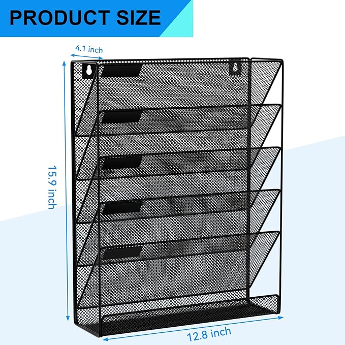 GDINDINFAN Wall File Organizer Holder Mesh Hanging Paper Document Holder,Vertical 6 Pocket Tier for Office Home, Black