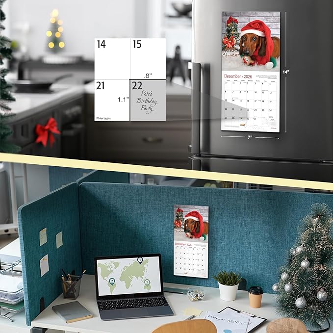RED EMBER Dachshunds 2026 Mini Wall Calendar 12 Month | 7" x 14" Open | Thick & Sturdy Paper | Holiday Gift | Cute Puppy Weiner Dog Calendar 2026
