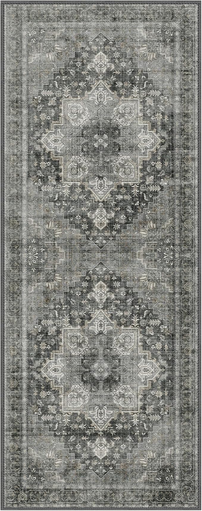 GENIMO 2x12 Runner Rugs for Hallway, Machine Washable Non Slip Vintage Rugs, Low Pile Lightweight Soft Print Rug for enrtyway, Corridor, Home Office, Kitchen, Charcoal Gray