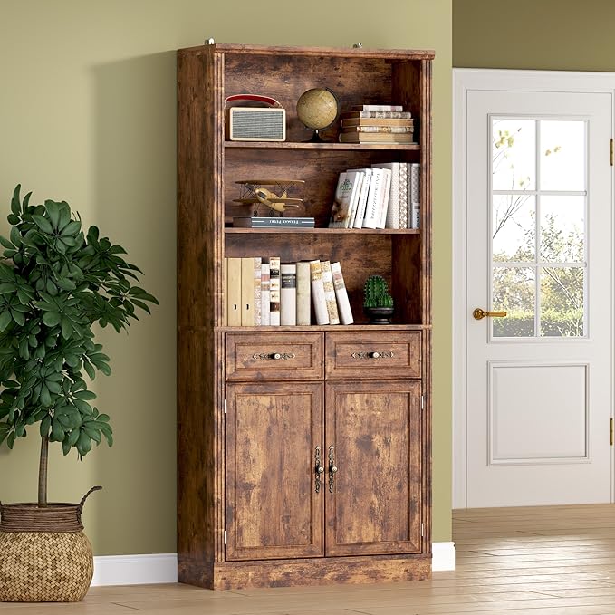 BORNOON 71.4" Tall Bookshelf with Drawers & Cabinet, 5-Tier Floor Standing Bookcase with Storage Doors, Adjustable Shelves & Metal Handles, 31.5" Wide Organizer for Home Office, Living Room