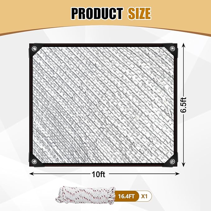 Mindsoft 70% Aluminet Shade Cloth Reflective Tarp 10 x 6.5 ft Aluminum Cloth Porch Privacy Screen with Grommets Durable Mesh Canopy for Car Garden Patio Pergola Sun Shade Cover(1 Set)