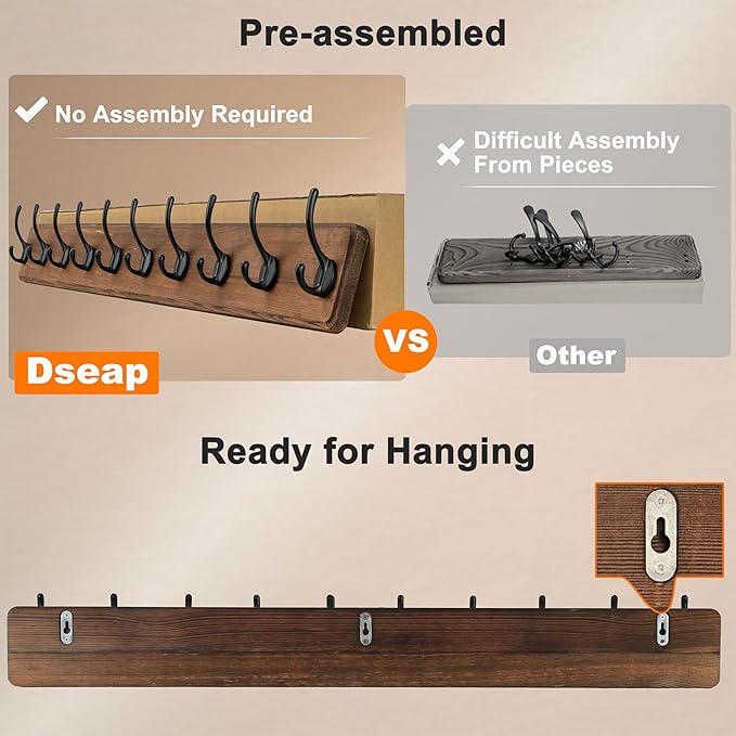 Dseap Coat Rack Wall: 38-1/4" Long, Patented, Heavy-Duty, 10-Double-Hooks Wooden Wall Mounted Coat Rack Coat Hanger Hook Rail for Winter Coats Hat Jacket Clothing, Light Brown, Pack of 2