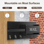 Lwenki Mail Organizer for Wall Mount – Key Holder with Shelf Includes Letter Holder and Hooks for Hallway Farmhouse Decor – Rustic Wood with Flush Mounting Hardware (16.5” x 9.1” x 3.4”) (Black)