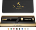 Scriveiner Personalized Black Fountain Pen - Stunning Luxury Pen, Jet Black Lacquer, Real Gold Plating, German Schmidt Nib (Medium), Best Engraved Gift Set for Men & Women, Name Engraving