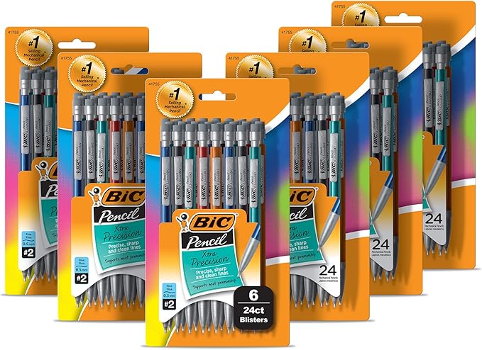 BIC Xtra-Precision Mechanical Pencils with Erasers, Fine Point (0.5mm), Six 24-Count Packs Mechanical Drafting Pencil Set, 144 Pencils