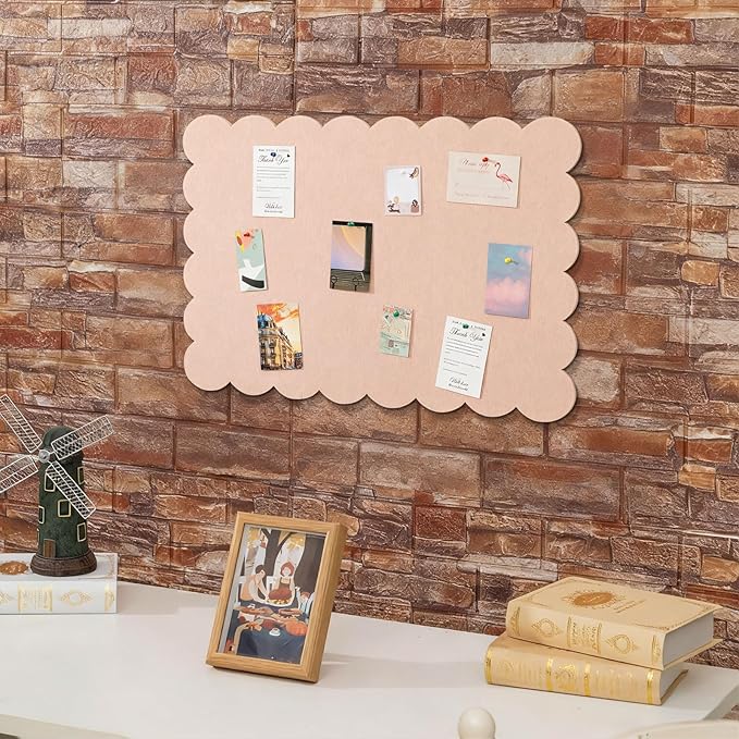 Mooliwe Scalloped Felt Bulletin Board 24 x 18 Inches Foldable Flesh Pink Pin Cork Board Alternative for Wall, 2' x 1.5' Trifold Picture Vision Self Adhesive Bulletin Decorative