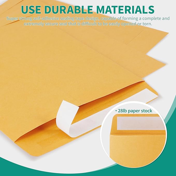 9x12 Catalog Mailing Envelopes - 100 Count, Self Seal Stay Flat Brown Kraft Envelopes, Heavy Duty Shipping Mailers for Documents, Photos & Letters, Peel & Seal Closure