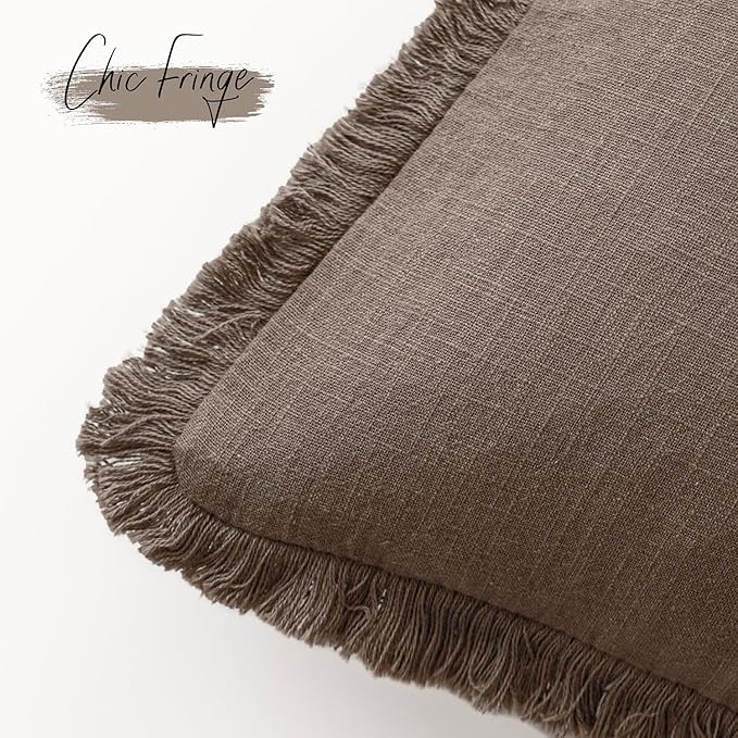 Foindtower Set of 2 Decorative Linen Fringe Throw Pillow Covers Cozy Farmhouse Cushion Cover with Tassels Accent Pillowcase for Couch Chair Sofa Bed Living Room Home Decor,24×24 Inch,Light Coffee