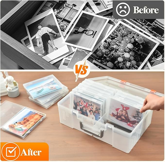 Photo Storage Box 5 x 7 Inches, 18 Inner Extra Large Photo Boxes with Dividers, Clear Acid-Free Photo Storage Containers with Handle, Photo Organizer Craft Keeper for Photo,Craft,Stamp,Sticker,Seed