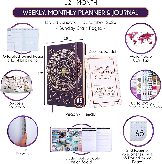 Law of Attraction Planner 2026 Deluxe with Productivity App | Weekly & Monthly Goal-Setting Planner, Life & Gratitude Journal | Include Foldable Vision Board, Gift Box & Stickers