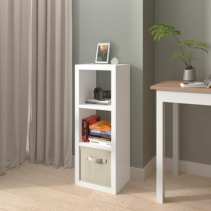 furtble 3 Cube Storage Organizer Shelf with Bins, White 3 Tier Bookcase with Fabric Storage Bins, Morden Bookshelf for Bedroom, Living Room, Closet, Office, 11.5" D x 11.5" W x 37.67" H