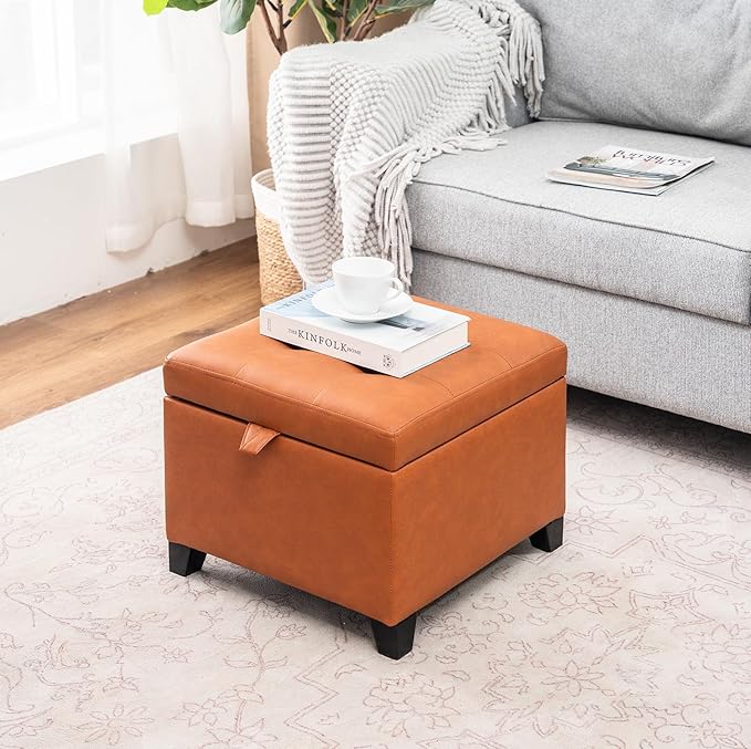 Adeco Small Faux Leather Storage Ottoman with Hinged Lid, 14 Inch High Square Cube Foot Stool with Storage, Upholstered Vanity Stool with Solid Wood Legs for Living Room, Bedroom, Dorm (Warm Orange)