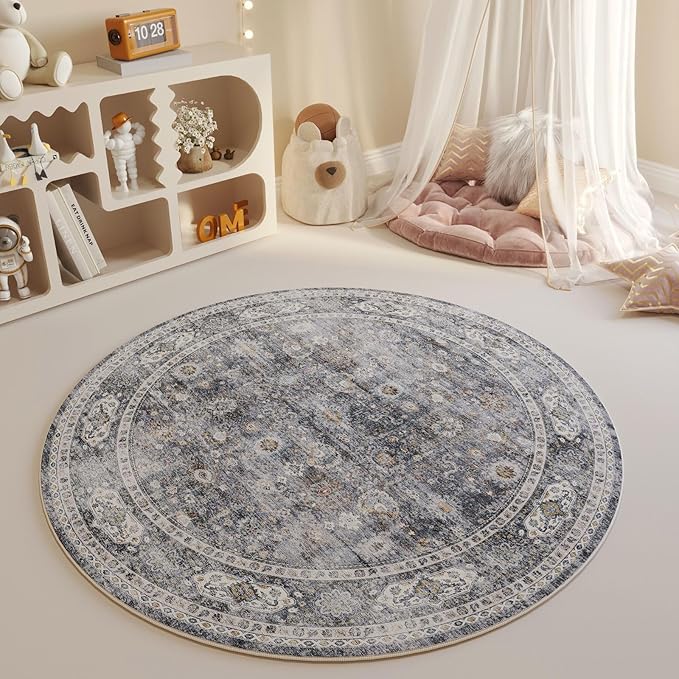 Rugcomf Round Rug 4ft Washable Circle Rug Non Slip Low Pile Boho Small Circular Rug for Bedroom, Bathroom, Entryway, Kids Room, Office, College Dorm(Grey)