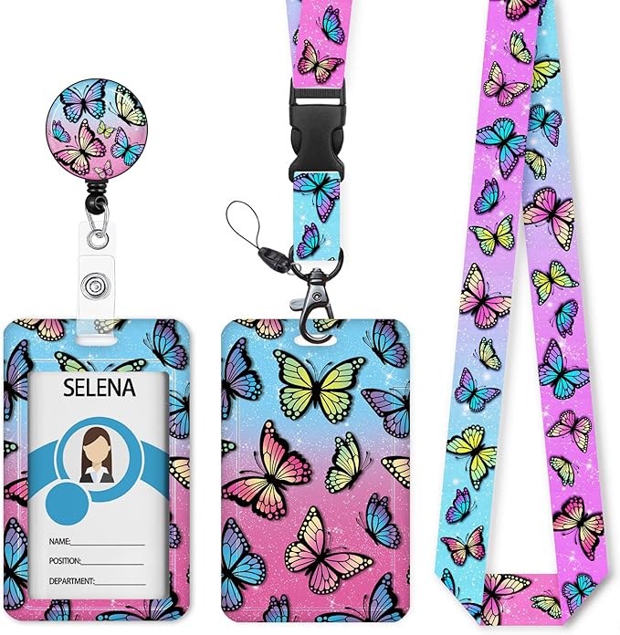 Lanyards for ID Badges Name Tags ID Card Holder, ID Badge Holder with Breakaway Lanyard, Cute Badge Reel Badge Clip Retractable, Women Teacher Nurse Student School Office Gift, Butterfly Design
