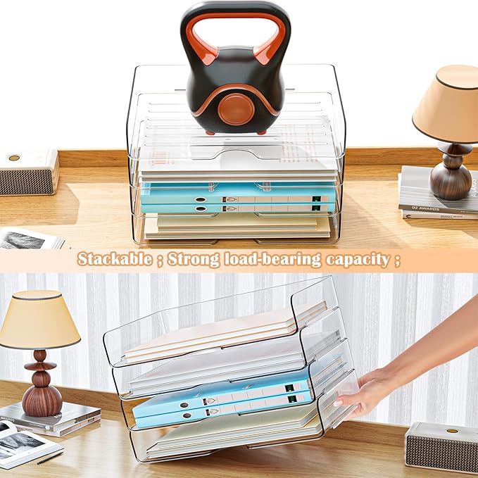 StorBin 4 Trays Paper Organizer Letter Tray, Acrylic Stackable Desk File Organizer, Clear Office Desk Organizer for File Paper, Ipad, Letter, A4 Office File, Books, Notes