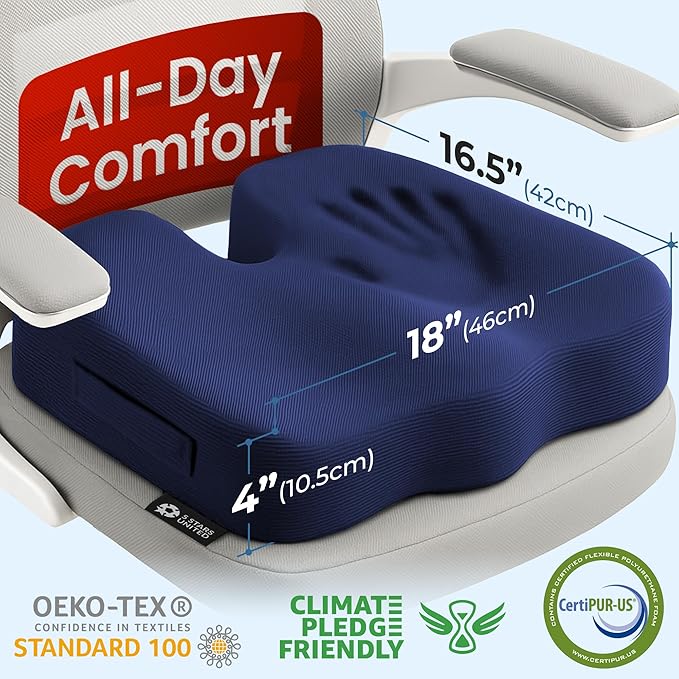 5 STARS UNITED Seat Cushion for Tailbone Pain Relief – Memory Foam Cushion for Coccyx, Hip, Sciatica & Post-Surgery Recovery – Wheelchair, Car, Desk, Gaming & Office Chairs, Blue, X-Large