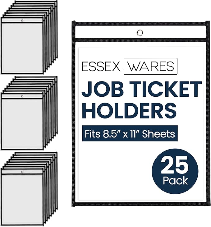 Essex Wares - 25 Pack, Black, Job Ticket Holders, 10" Wide x 13.5" Tall - Clear Plastic Shop Ticket Holders - Easy to Use, Reusable & Easy Erase Plastic Invoice Holders, Water-Resistant & Durable