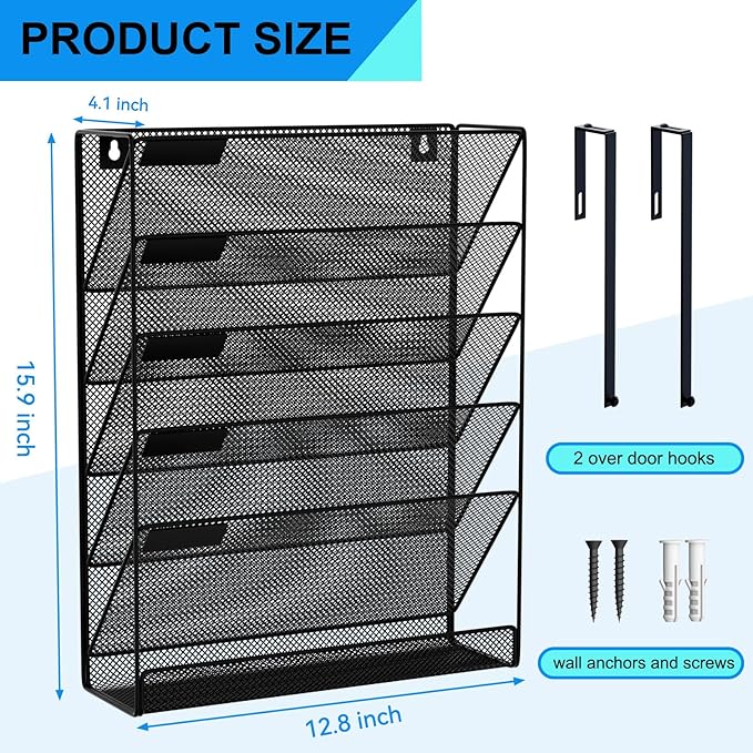 GDINDINFAN 6-Tier Hanging File Organizer Office Cubicle Accessories for Work Organizer Wall Mount File Holder for Mails Folders Papers Magazine Organization, Black