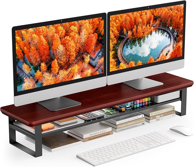 NestNeat Dual Monitor Stand, 35.4 Inch Monitor Stand Riser for 2 Monitors, 2 Tiers Wood Desk Shelf with Storage, Desktop Organizer Stand for Computer, Laptop, Printer, TV (Reddish Brown, 35.4in)