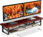 NestNeat Dual Monitor Stand, 35.4 Inch Monitor Stand Riser for 2 Monitors, 2 Tiers Wood Desk Shelf with Storage, Desktop Organizer Stand for Computer, Laptop, Printer, TV (Reddish Brown, 35.4in)