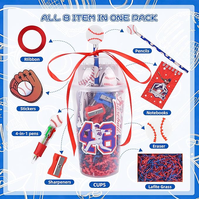 LiYiQ 247 Pcs Baseball Party Supplies Return Gifts for Party, Student Stationery Gifts from Teacher Rewards Prizes, Pencil Erasers Notebooks Stickers for Baseball Classroom Birthday