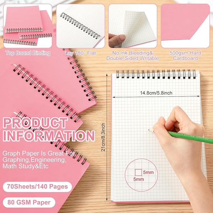 Engrowtic 2 Pack Graph Paper Spiral Notepad A5 Top Wirebound Notepad Grid Notebook Steno Pads Memo Notebook Grid Paper 140 Pages for Writing Sketching Drawing Office Supplies (Pink)