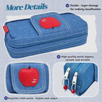 Haumei Canvas Pencil Case Large Capacity, Big Denim Pen Pouch with Zipper, Cute Durable Portable Stationary Storage Bag Organizer for Adults Women, Light Blue, Apple