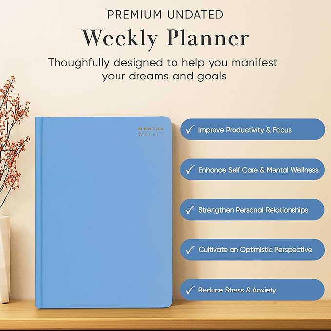 Mantra Planner 2026 Planner, Daily Journal & Gratitude Journal All-In-One with To Do List, Self Care Prompts & Habit Tracker - 7 x 10 - Blue