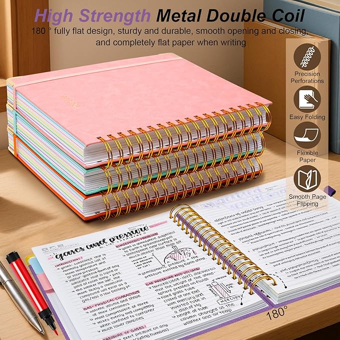 Hardcover Spiral Notebook 8"x10" Journal Notebook with Tabs and Removable Dividers 300 Pages 5 Subject Notebook College Ruled, Faux Leather Spiral Bound Notebook for Women School Work (Purple)
