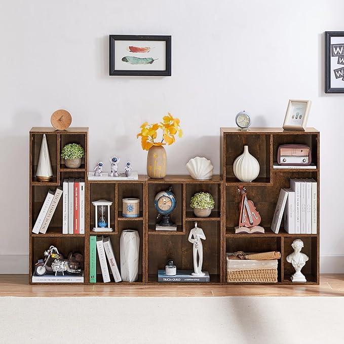 VECELO Wide Bookshelf Set, Fits 9.3" × 10-12.8" Hardcovers, Cube Storage Bookcases, Free-Standing for Living Room, Bedroom, Home Office, 2/3/4-Tier, 3-Pack, Brown