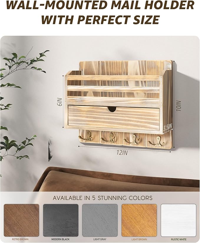 Rebee Vision Farmhouse Mail Organizer Wall Mount – Decorative Key and Mail Holder for Wall with Drawer Organizer and 7 Key Hooks – Apartment Essentials for Home Decor (Natural Wood)