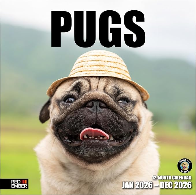 RED EMBER Pugs 2026 Wall Calendar 12 Month | 12" x 24" Open | Thick & Sturdy Paper | Holiday Gift | Cute Puppy Dog Calendar 2026