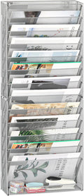 EasyPAG Wall File Holder 14 Tier Mesh Hanging Folder Organizer with Flat Tray Wall Mounted Mail Organizer Magazine Paper Desk Shelf with Nametag Label for Office Home School, Silver