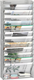 EasyPAG Wall File Holder 14 Tier Mesh Hanging Folder Organizer with Flat Tray Wall Mounted Mail Organizer Magazine Paper Desk Shelf with Nametag Label for Office Home School, Silver