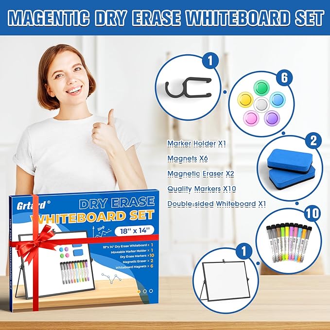 Grtard Magnetic Dry Erase Board with Stand, 18''x14'' Double-Sided White Board, Desktop Whiteboard with Stand, Large White Board, Desk Whiteboard Portable, Dry Erase Board for Kids, Memo(Black)