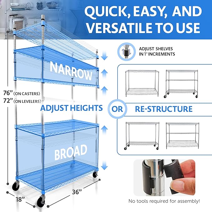 4000 LBS Heavy Duty Metal Shelving Unit – 36x18x76 NSF 5-Tier Wire Rack with Wheels, Adjustable Garage Storage Shelves, Chrome Wire Shelving for Kitchen, Warehouse, Bakers Rack – Crescent