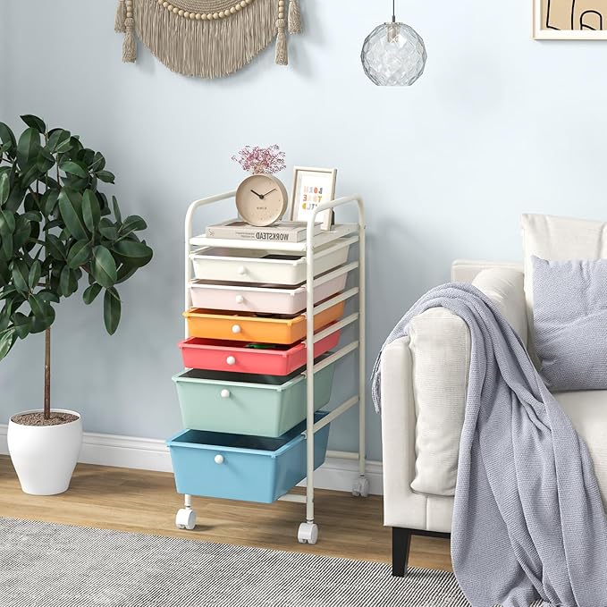 Giantex 6 Storage Drawer Cart Rolling Organizer Cart for Tools Scrapbook Paper Home Office School Multipurpose Mobile Utility Cart (Macaron)